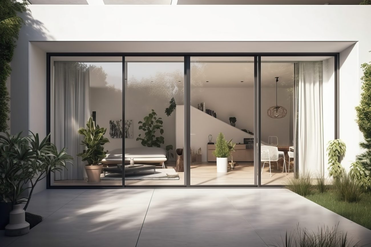 Four-panel sliding patio doors offering a view of a contemporary interior decorated with multiple green plants