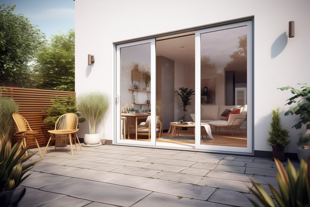 Back patio decorated with potted plants and rattan chairs, sliding patio doors opened onto an ivory-colored living room with light wood furniture