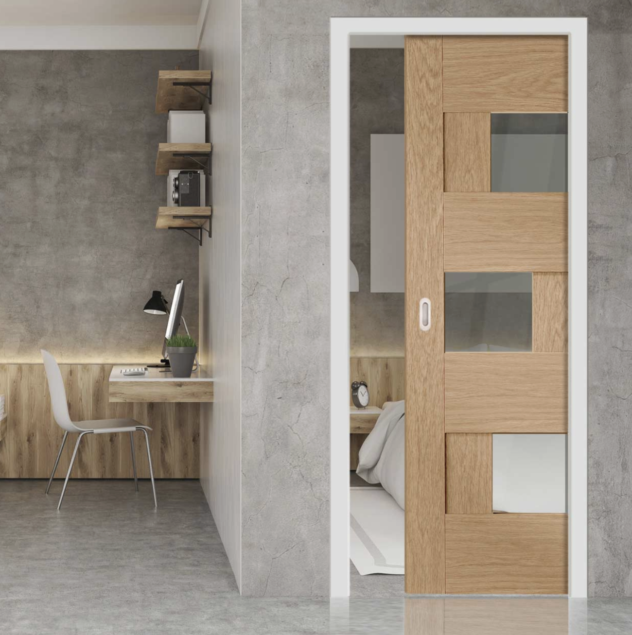 Pocket sliding door adorned with three windows, leading to a bedroom. On the other side of the separating wall, a minimalist workspace featuring a floating table and a molded plastic chair