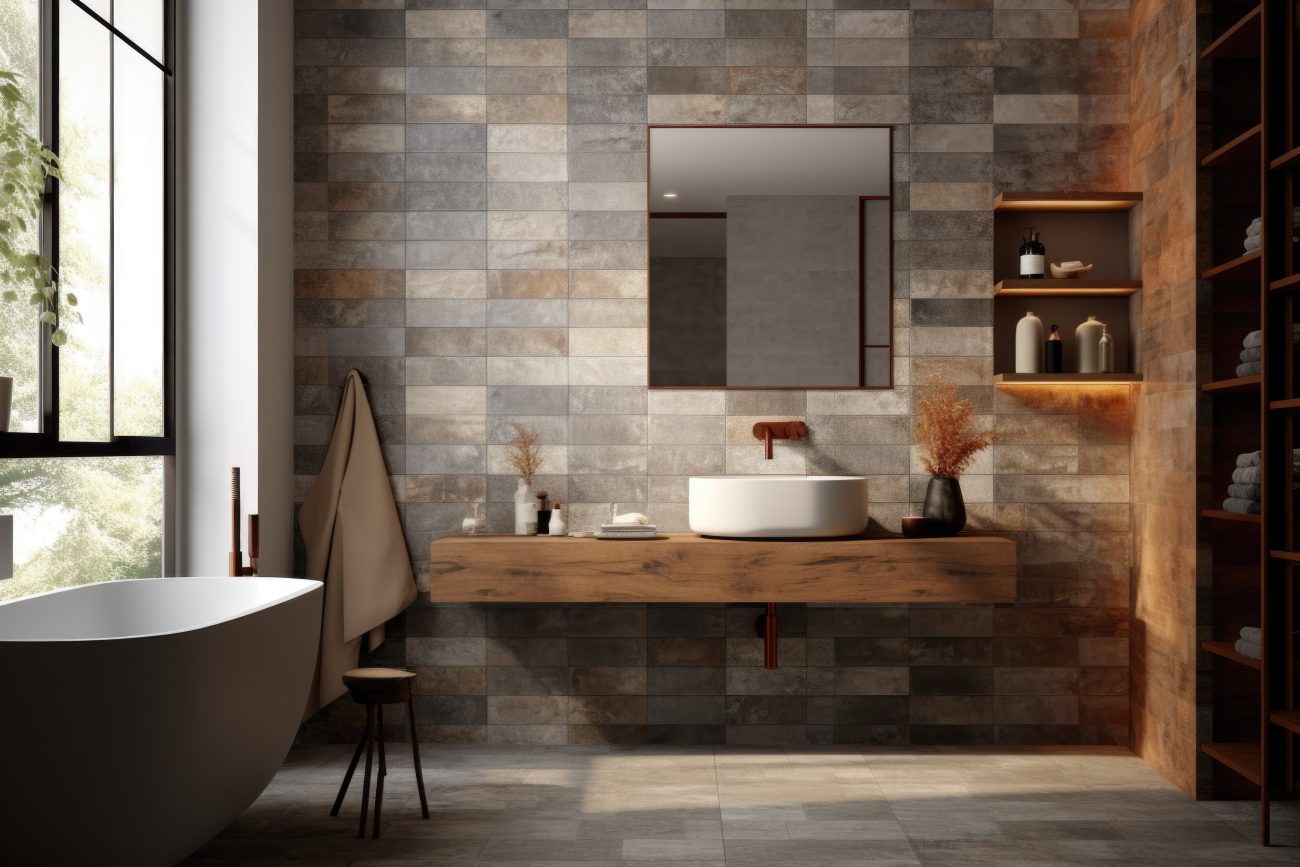 In a Japandi-style bathroom, floor and wall covered with rectangular limestone tiles aligned to form a mosaic of natural shades, oval bathtub, wooden countertop and shelves, white vessel sink.