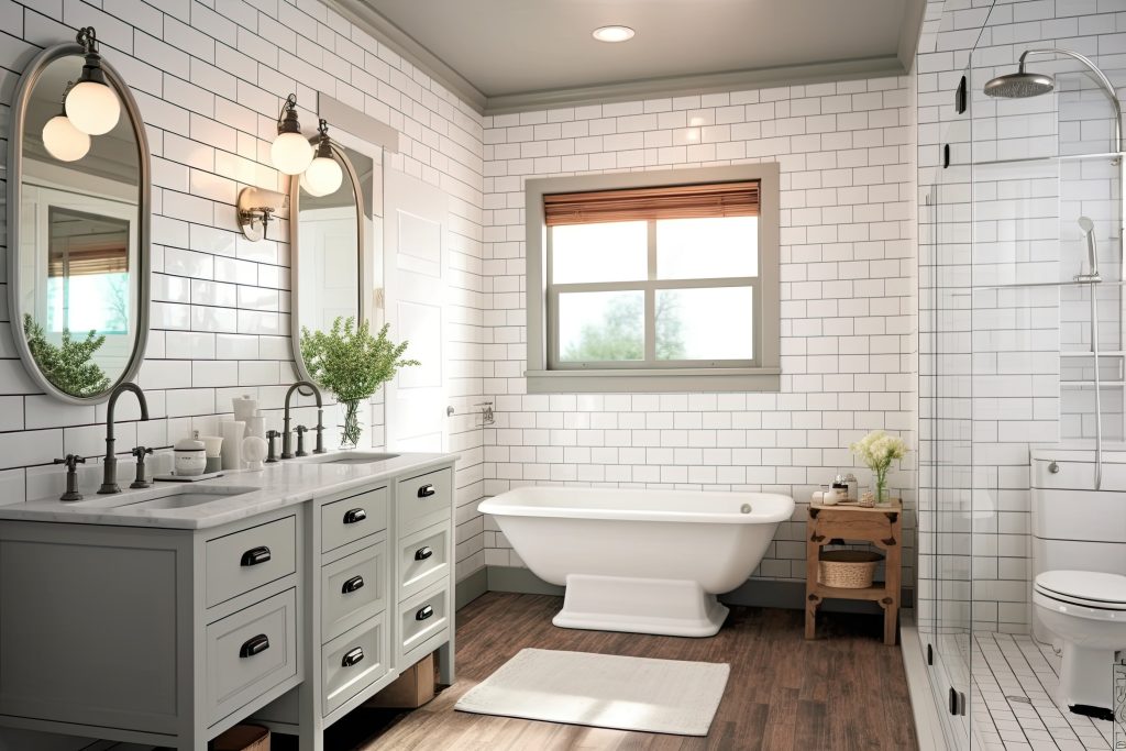 Retro bathroom with staggered white tiles, wooden floor, pedestal clawfoot bathtub, double grey vanity with multiple drawers, oval mirrors, and frosted globe wall lights