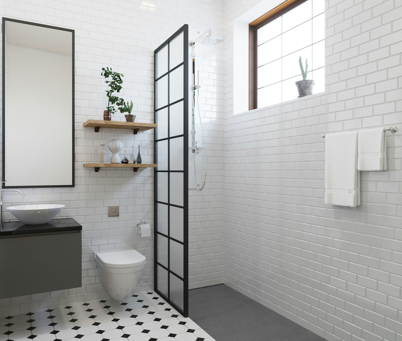 In a bright white bathroom, corner Italian-style shower separated by a glass partition, walls covered with subway-style ceramic tiles, cabochon-tiled floor, long rectangular mirror, wooden shelves with bottles and plants, floating countertop, and ceramic basin