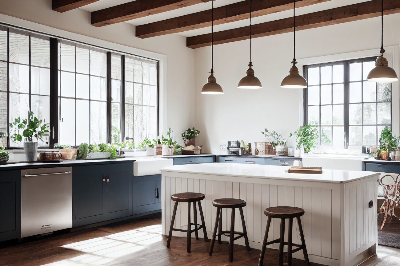 Cuisine farmhouse avec poutres en bois, îlot blanc en lambris, tabourets vintage en bois, fenêtres à carreaux et luminaires industriels métalliques