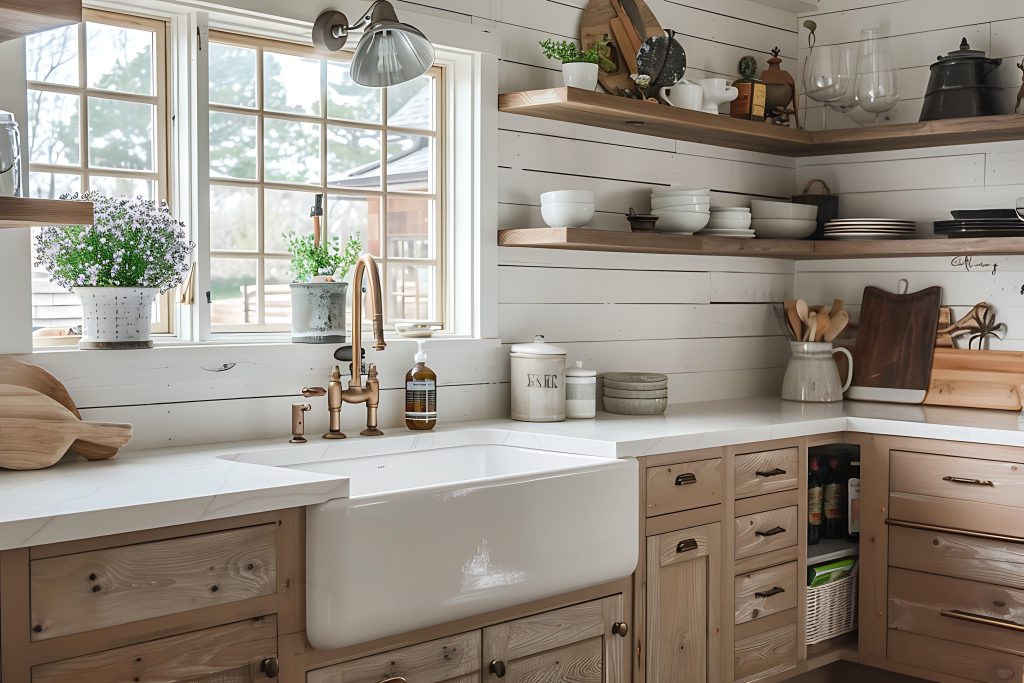 In a farmhouse kitchen, white paneled walls, raw wood drawers and shelves, apron front sink with rustic faucet, exposed dishes