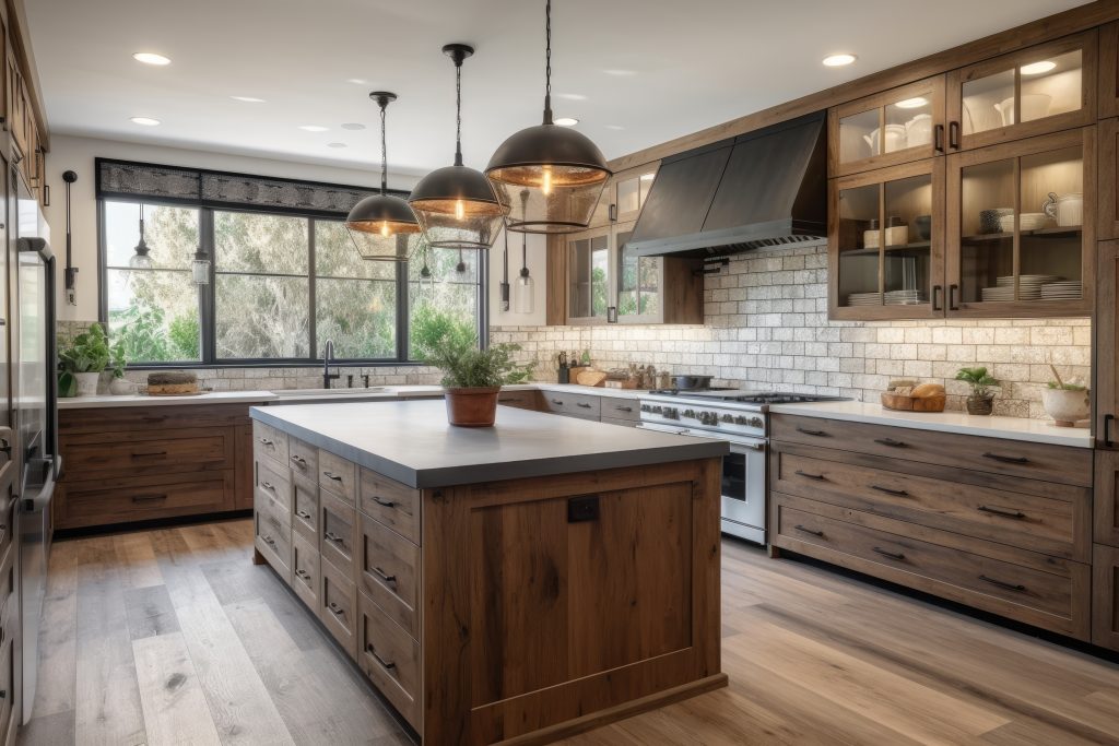 Spacious farmhouse kitchen with wooden floor, glass cabinets, multiple drawers, dark wood island, gas stove with overhead hood, brick-effect wall