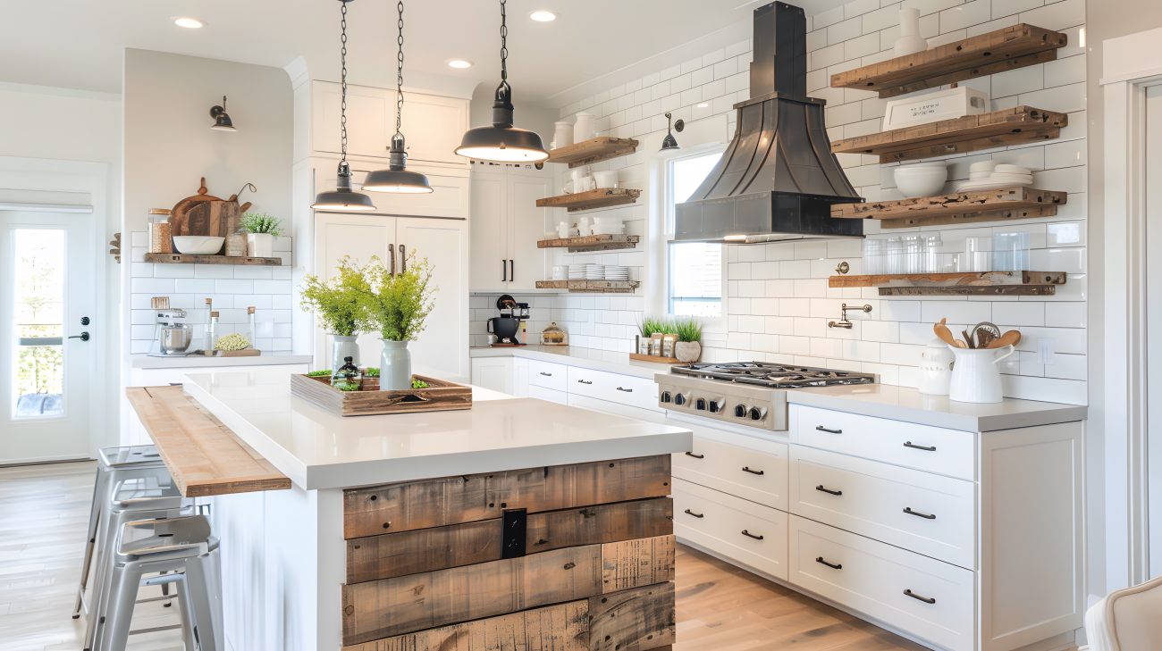 Bright white farmhouse kitchen with subway tile backsplash, wooden shelves with exposed dishes, island with raw wood planks on the side, three industrial lamps