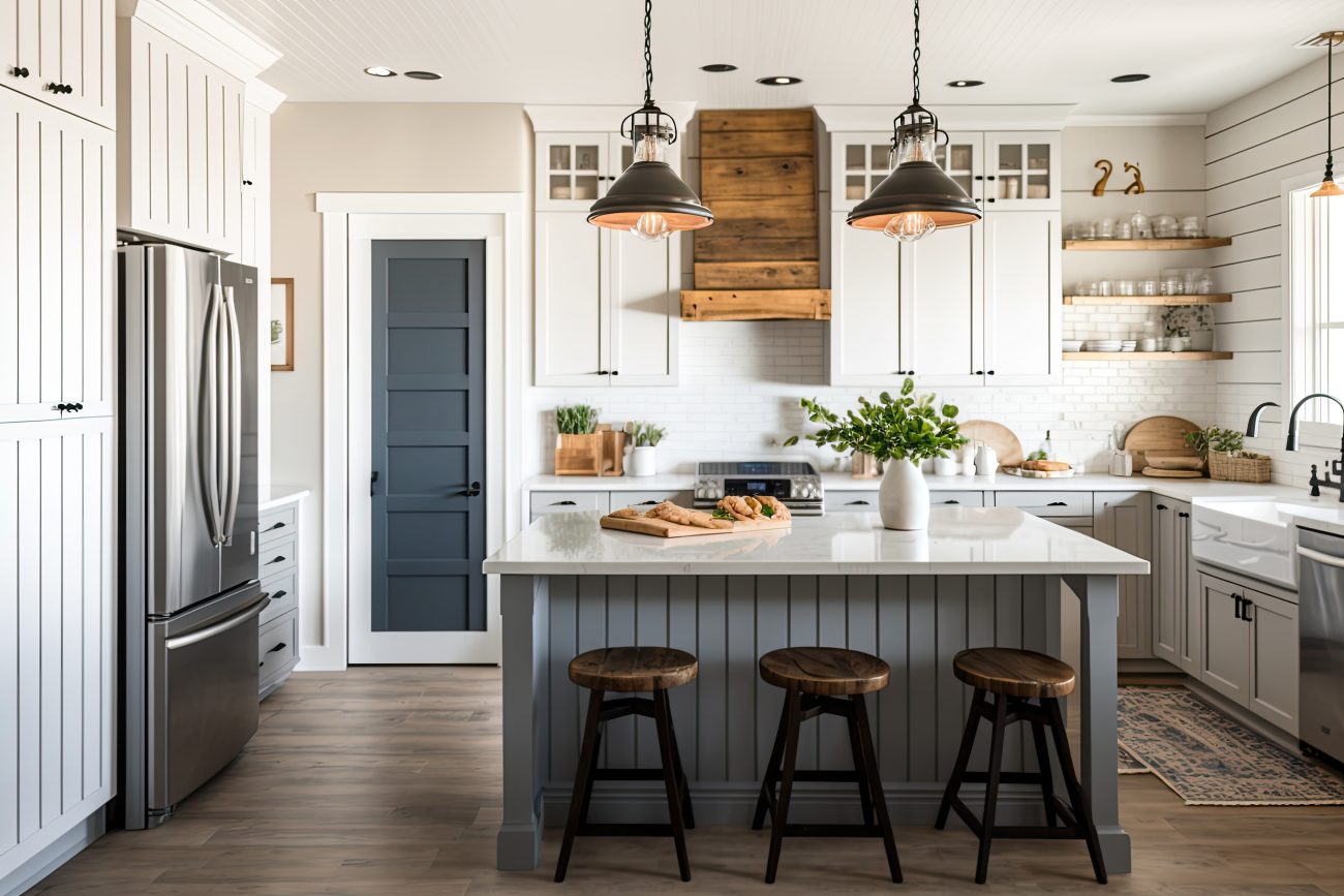 Modern farmhouse kitchen with white Shaker cabinets, some with shiplap doors, pale grey island, vintage wood stools, two industrial light fixtures and narrow grey door