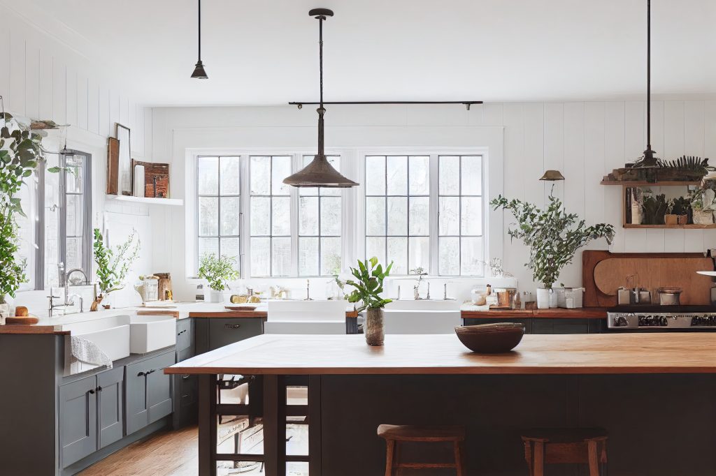 Bright farmhouse kitchen with paned windows, shiplap walls, long wood dining table and many potted green plants