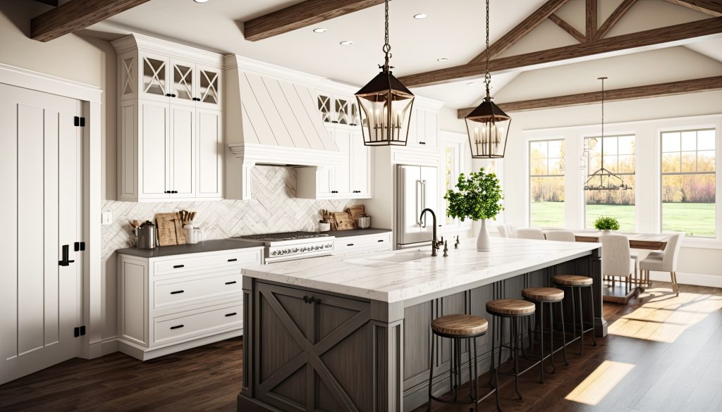 Farmhouse kitchen with wood beams, hardwood floor, large island with quartz countertop and pendant lantern light fixtures