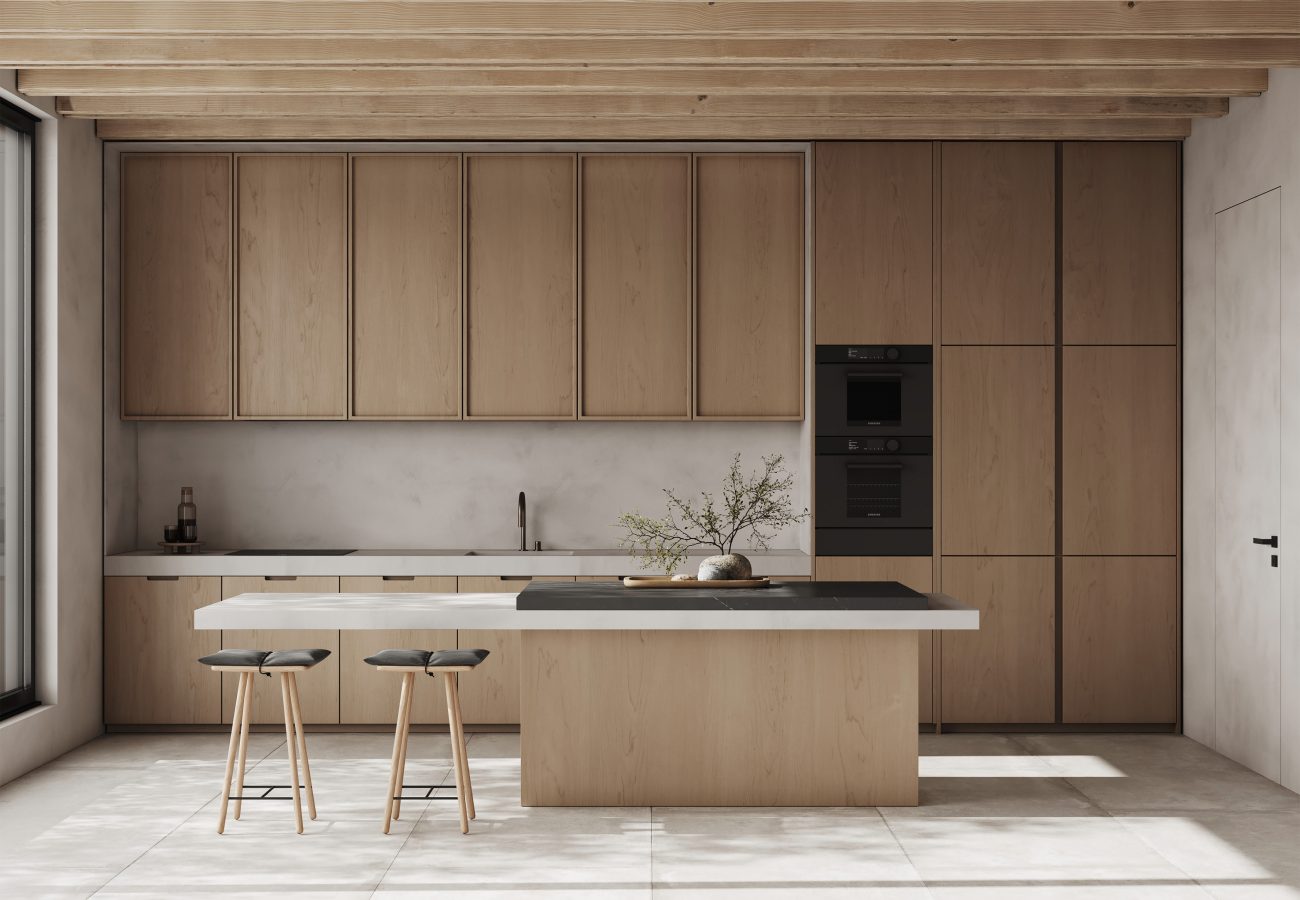 Plafond et armoires en bois, îlot de cuisine, sol et murs en béton dans une cuisine industrielle