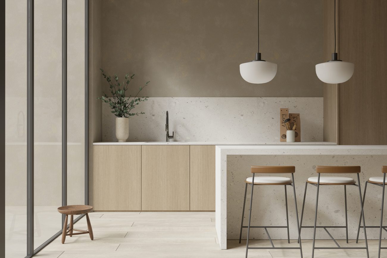 Conception de cuisine scandinave minimaliste dans les teintes de beige et de vert olive