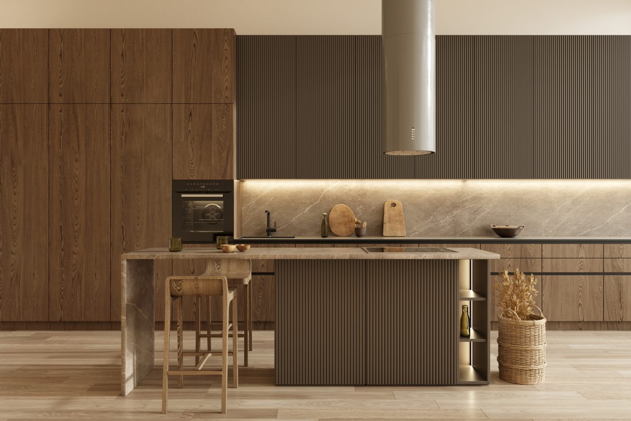 Industrial kitchen with dark wood accents, gray cabinets and cylindrical stainless steel overhead hood