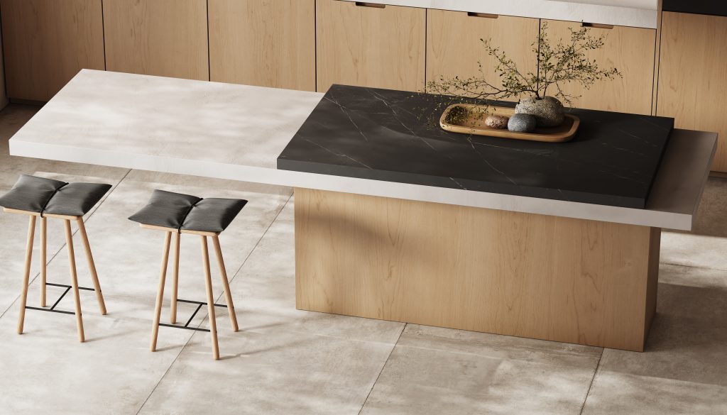 op view of a luxurious Scandinavian kitchen island featuring cement and marble accents, wooden stools and stone accessories