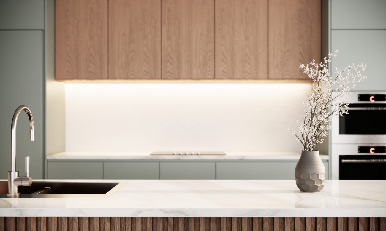 Pastel-gray cabinetry with wood panel and marble countertop in a minimalist Japanese interior