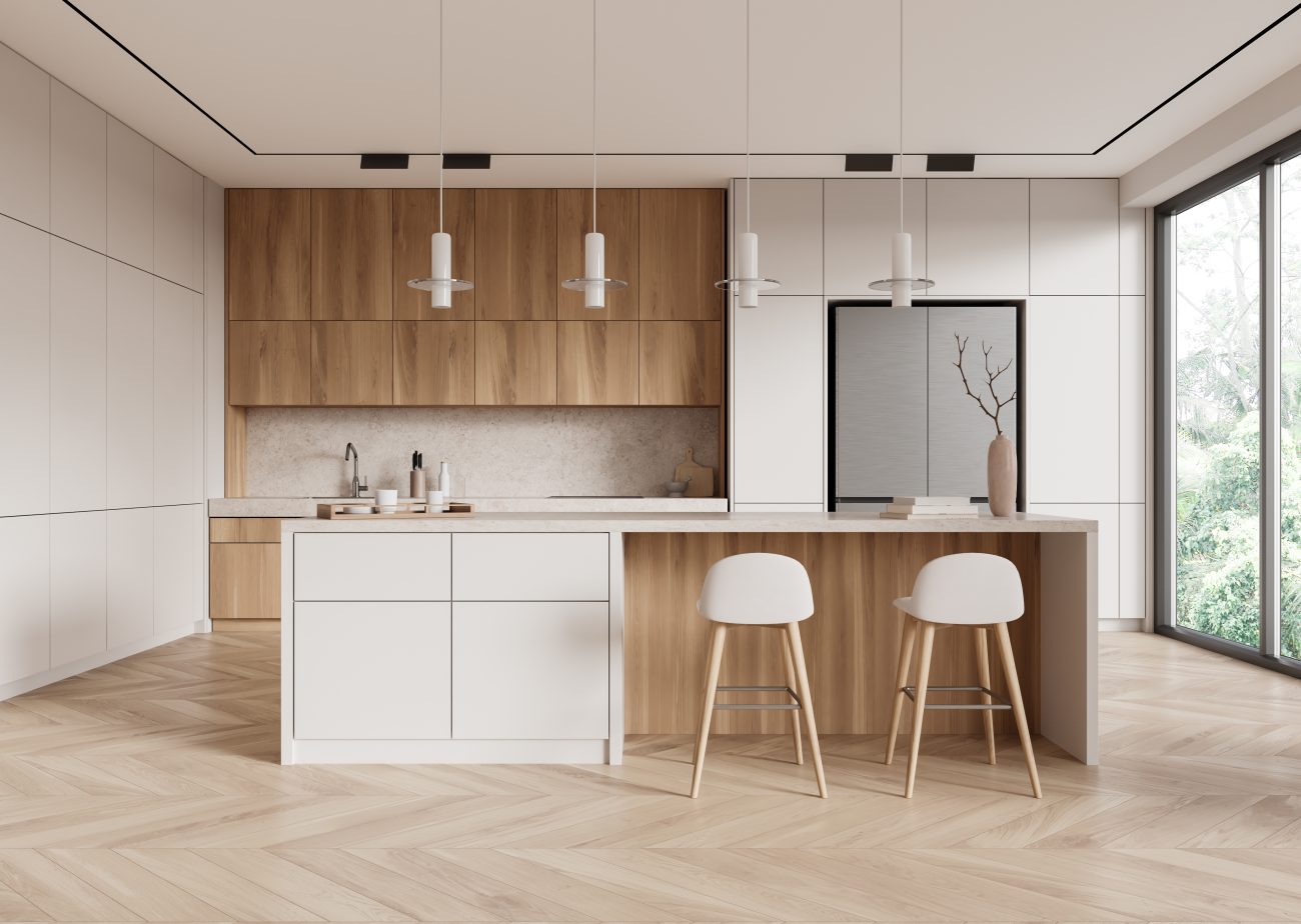 Scandinavian kitchen with white and wood cabinets, central island, pendant lights and stools