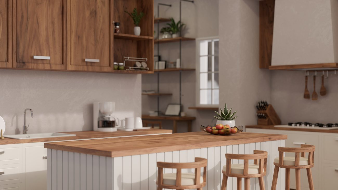 Scandinavian kitchen with island covered in white wood slats