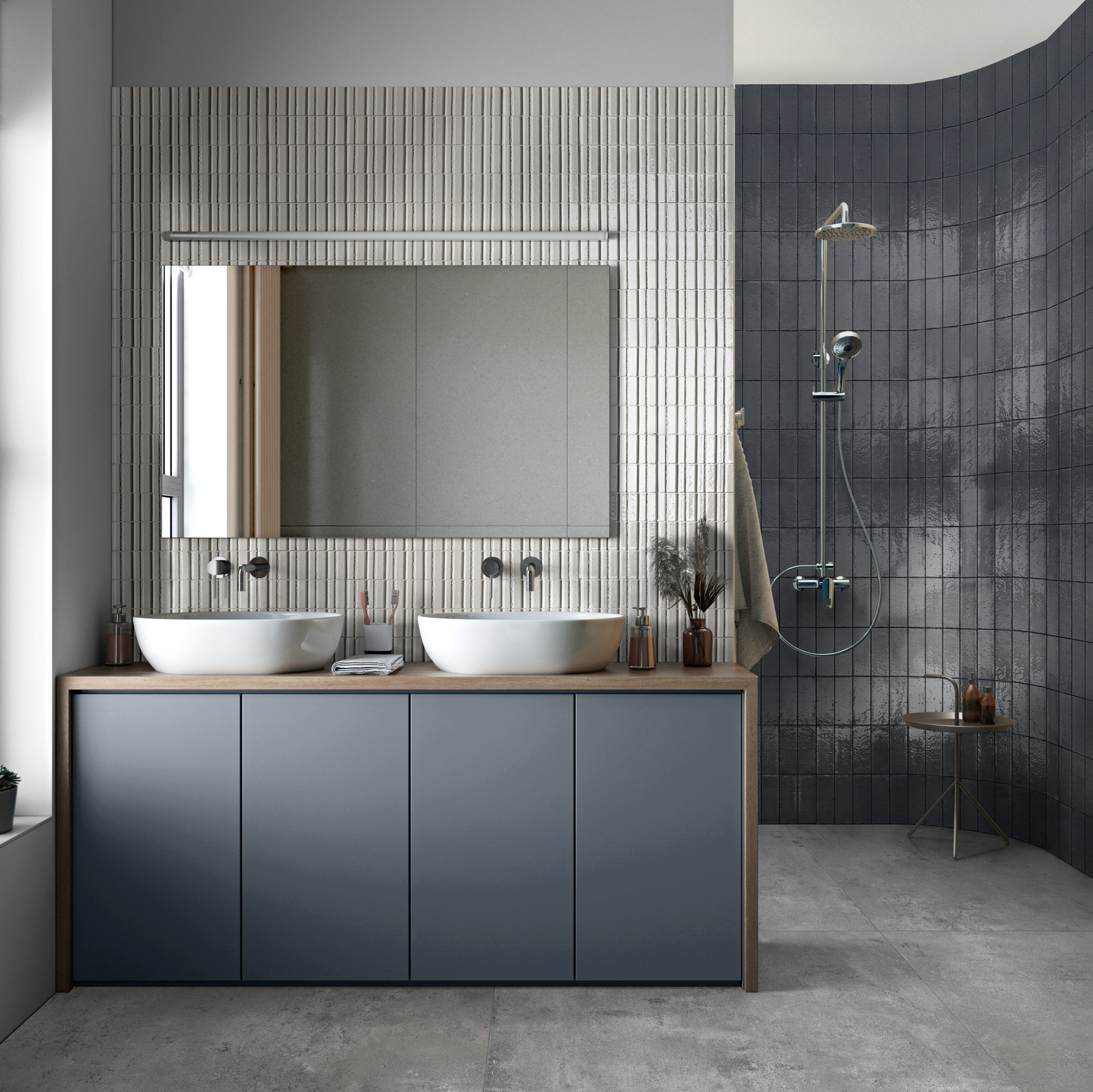 Bathroom in shades of grey: polished concrete floor, handleless vanity with two white vessel sinks, wall with matte, vertical, and relief mini-tile, walk-in shower with curved wall covered in glazed ceramic 