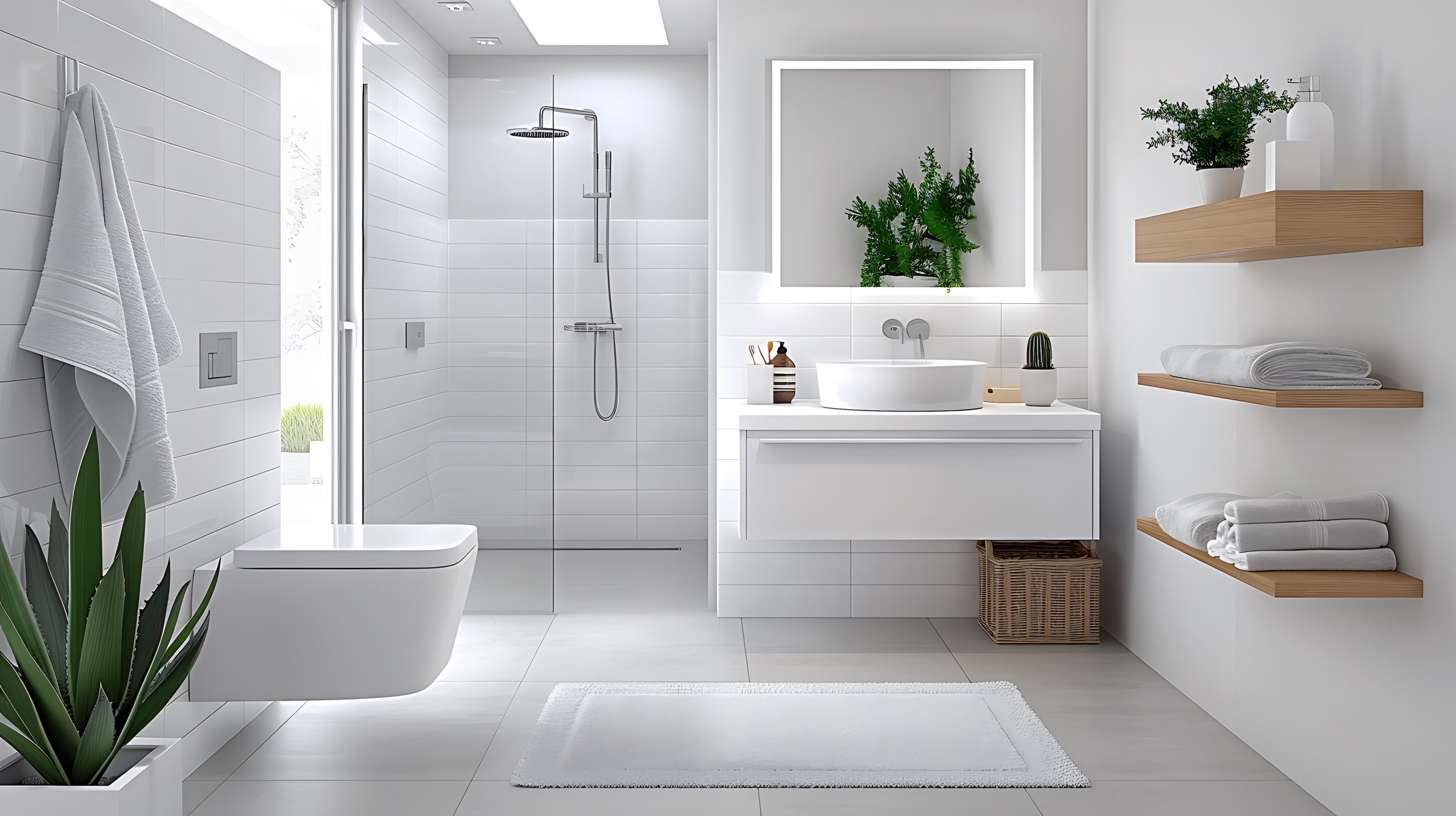 Bright bathroom thanks to white tile flooring and walls, enhanced by a skylight above the walk-in shower, floating vanity, light wood shelves mounted on the wall holding green plants and towels, woven basket on the floor