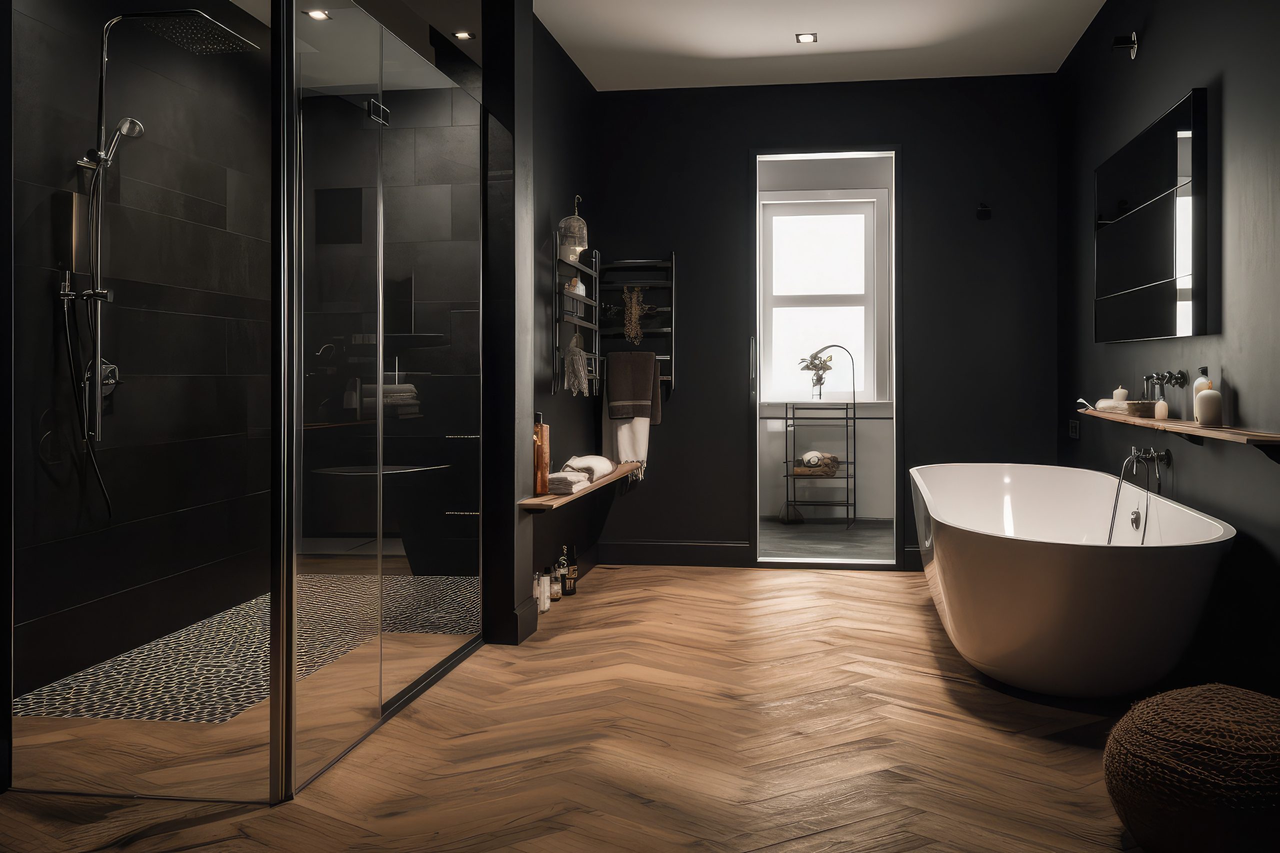 Black bathroom with walk-in shower, copper freestanding bathtub, and brown herringbone wood plank floor